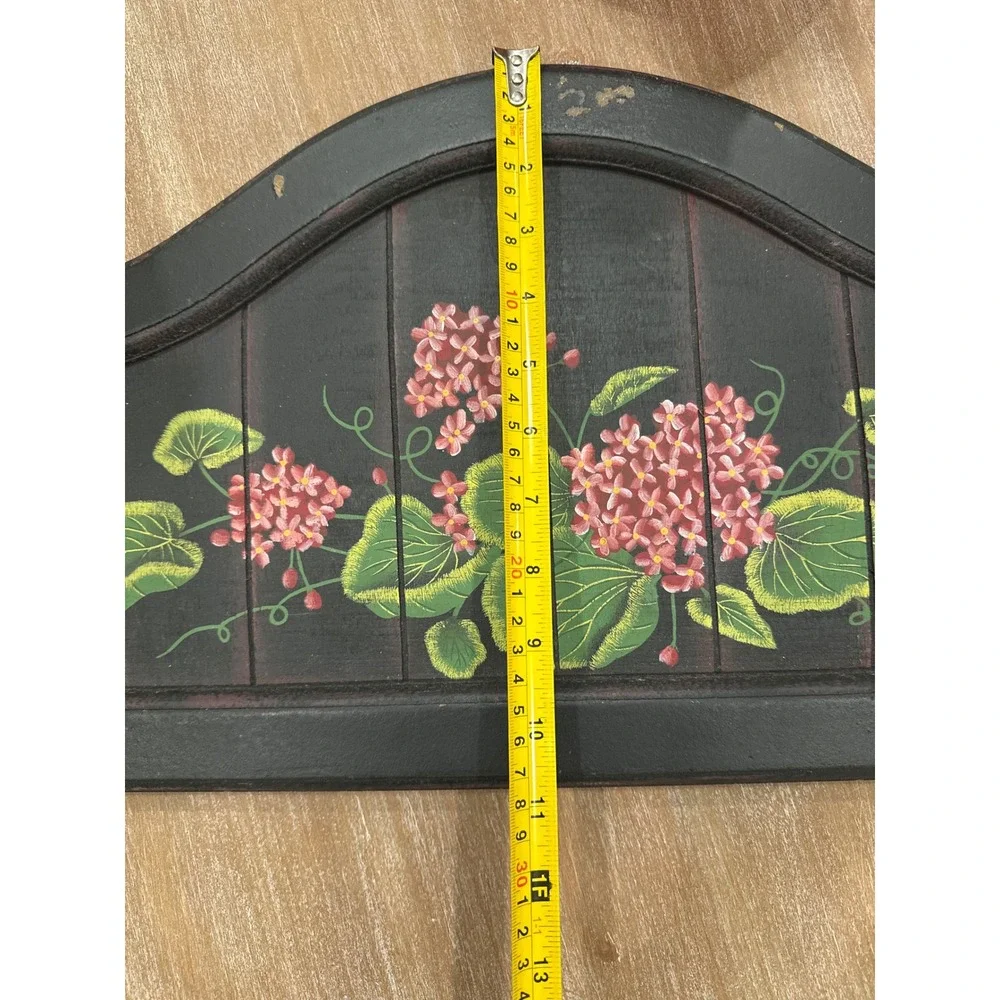 Vintage Hand Painted Floral Wood Wall Plaque Pink Flowers Black Arched Sign